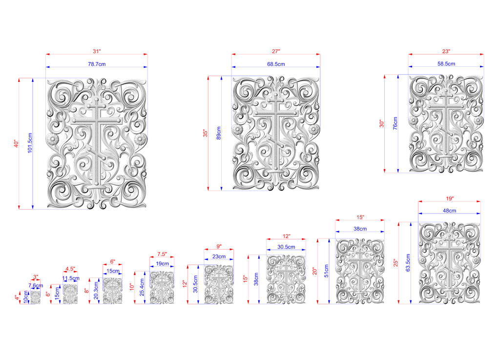 a series of ornate, decorative designs with intricate patterns and measurements. The designs are in various sizes, ranging from small to large, and appear to be intended for use in wall hangings or other decorative applications. The precise dimensions and details of the designs are provided, allowing for a clear understanding of their scale and features.