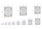 a series of ornate, decorative designs with intricate patterns and measurements. The designs are in various sizes, ranging from small to large, and appear to be intended for use in wall hangings or other decorative applications. The precise dimensions and details of the designs are provided, allowing for a clear understanding of their scale and features.