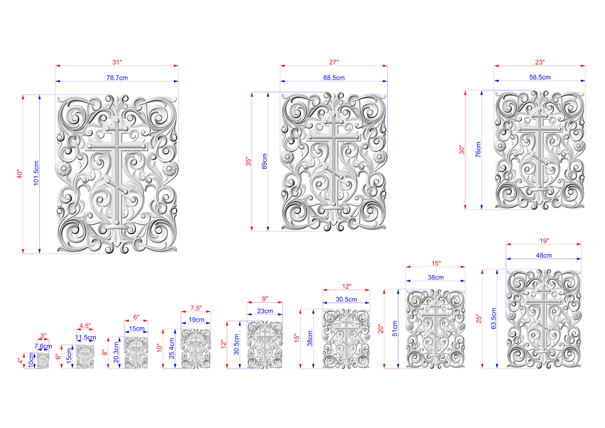 a series of ornate, decorative designs with intricate patterns and measurements. The designs are in various sizes, ranging from small to large, and appear to be intended for use in wall hangings or other decorative applications. The precise dimensions and details of the designs are provided, allowing for a clear understanding of their scale and features.