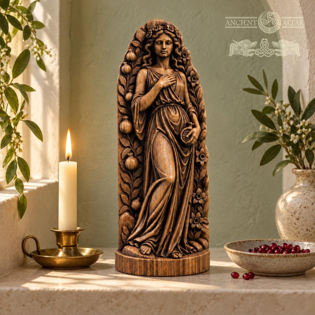 Persephone Goddess Statue, Wooden Queen of the Underworld Figurine, Pomegranate Altar Decor, Greek Mythology Gift