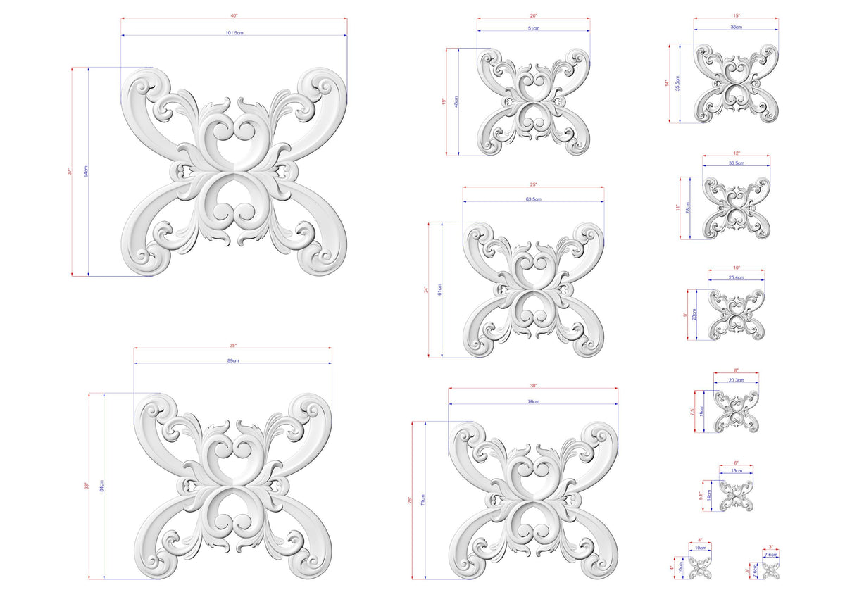 a collection of intricate, decorative designs in a white color, including various sizes and shapes of butterflies and other floral patterns. The designs are accompanied by detailed measurements and dimensions, providing a visual representation of the patterns and their proportions.