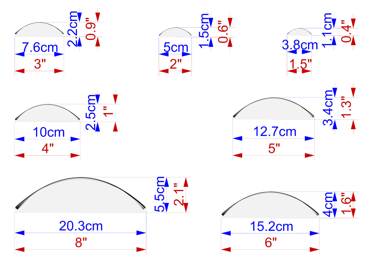 a series of seven different measurements of a curved object, ranging from 7.6cm to 3.8cm in diameter. The measurements are displayed in both centimeters and inches, providing a comprehensive view of the object's size.