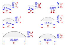 Load image into Gallery viewer, a series of seven different measurements of a curved object, ranging from 7.6cm to 3.8cm in diameter. The measurements are displayed in both centimeters and inches, providing a comprehensive view of the object's size.
