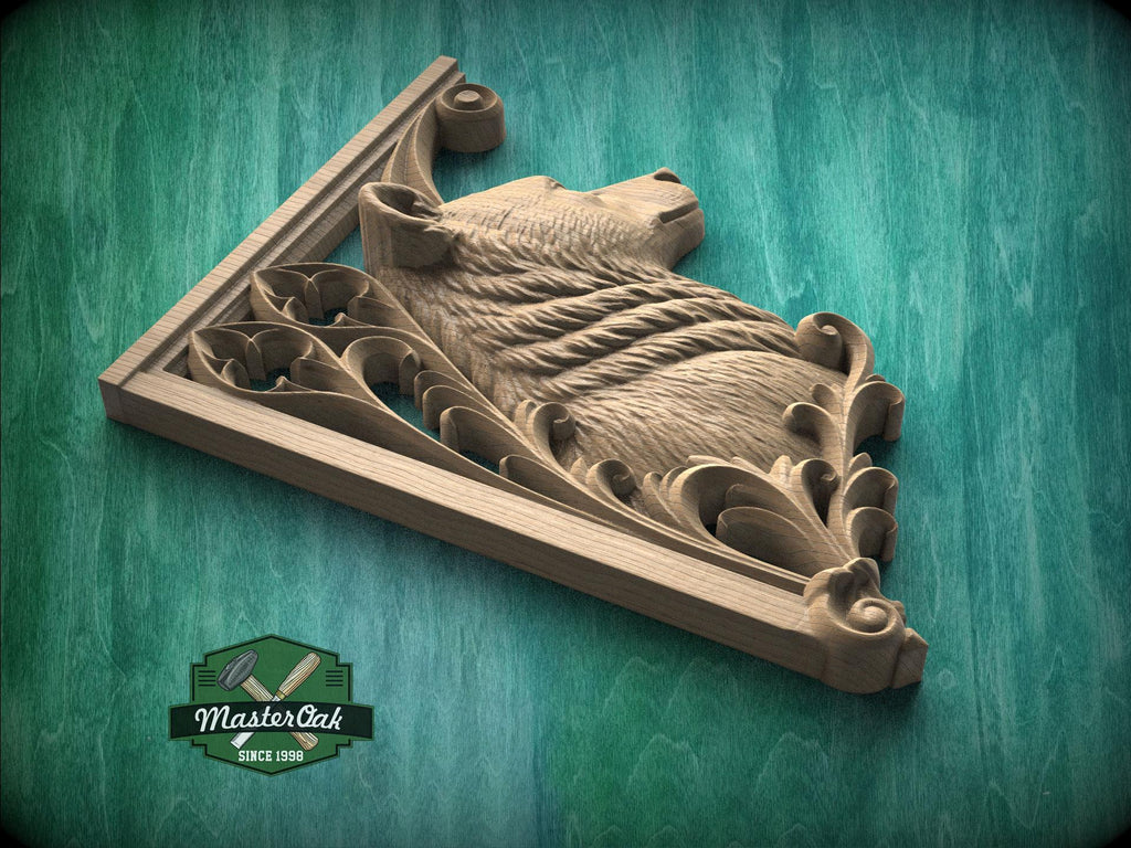 Carved Wood Bear Corner Onlays, Mirrored Pair with Gothic Scrollwork