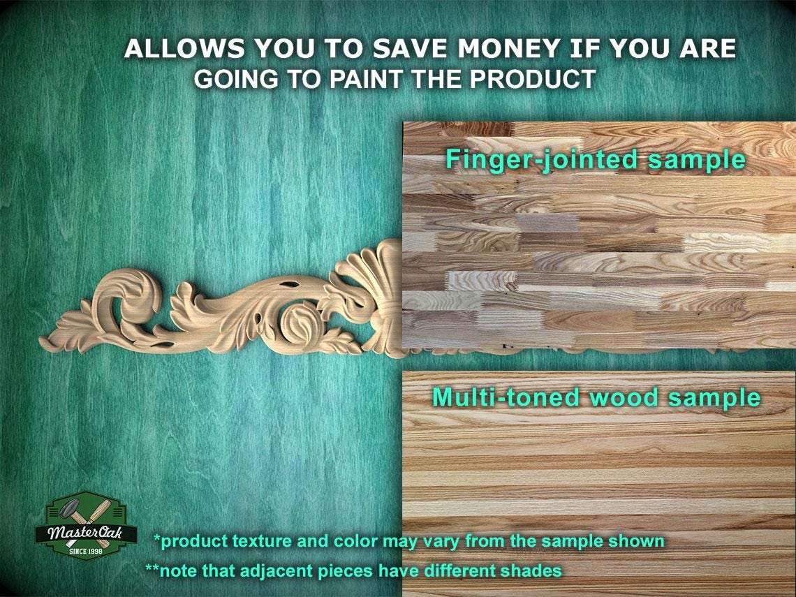 The image is a promotional advertisement for a product, specifically a multi-toned wood sample. It features a close-up of a wooden sample with a decorative element, and a finger-jointed sample of the same wood. The text on the image provides information about the product, including that it allows you to save money if you are going to paint the product, and that the product texture and color may vary from the sample shown. The image also mentions that adjacent pieces have different shades.