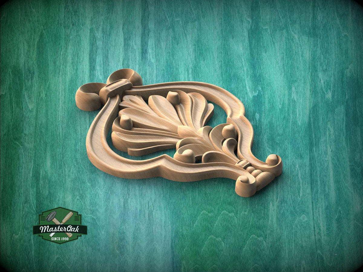 A wooden carving of a decorative finial or finial-like object is displayed against a green background.