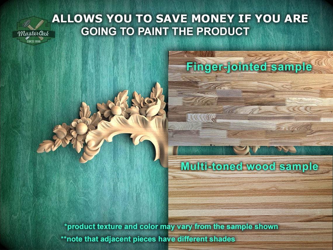 The image is a promotional advertisement for Master Oak's paint product, which allows customers to save money by painting the product themselves. The advertisement features a close-up of a wooden panel with a decorative leaf design, and a sample of the paint product.