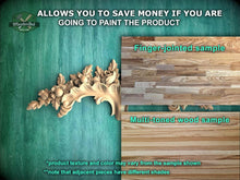 Load image into Gallery viewer, The image is a promotional advertisement for Master Oak&#39;s paint product, which allows customers to save money by painting the product themselves. The advertisement features a close-up of a wooden panel with a decorative leaf design, and a sample of the paint product.
