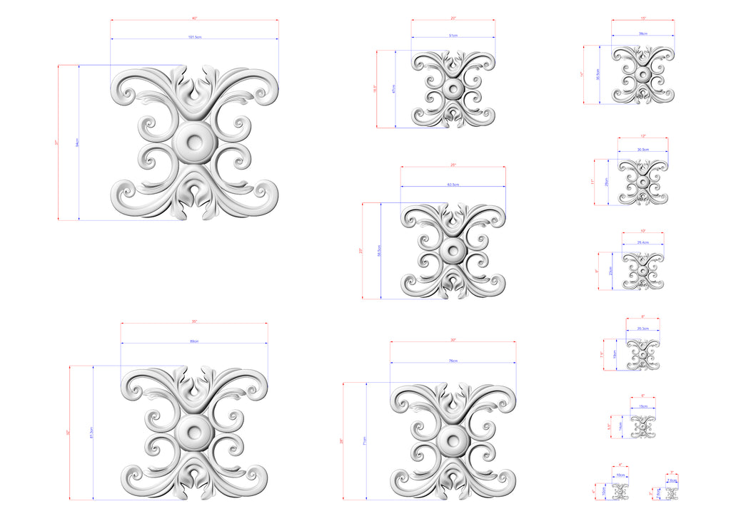 a collection of intricate, decorative designs in a monochromatic style, featuring various shapes and patterns. The designs are accompanied by detailed measurements and dimensions, providing a comprehensive visual representation of the artistic elements.