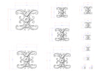 a collection of intricate, decorative designs in a monochromatic style, featuring various shapes and patterns. The designs are accompanied by detailed measurements and dimensions, providing a comprehensive visual representation of the artistic elements.