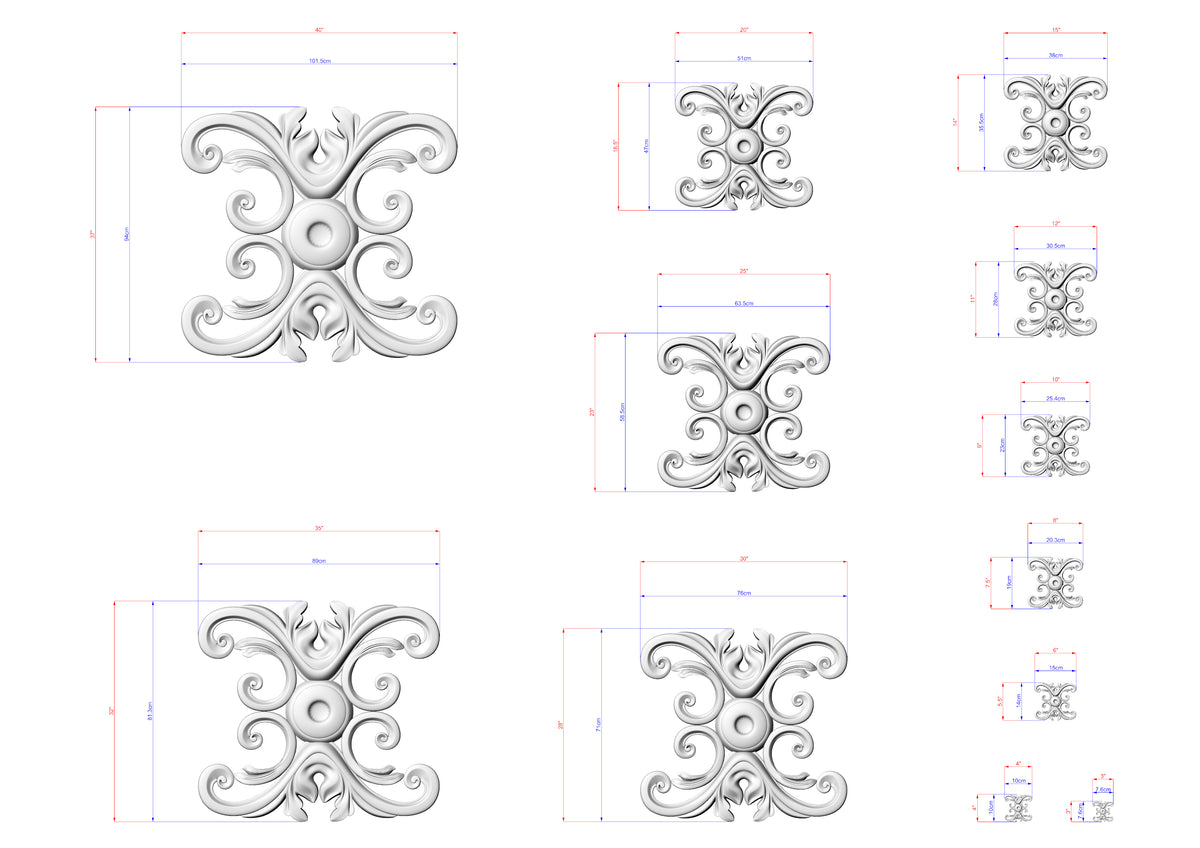 a collection of intricate, decorative designs in a monochromatic style, featuring various shapes and patterns. The designs are accompanied by detailed measurements and dimensions, providing a comprehensive visual representation of the artistic elements.