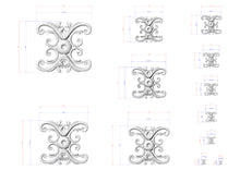 Load image into Gallery viewer, a collection of intricate, decorative designs in a monochromatic style, featuring various shapes and patterns. The designs are accompanied by detailed measurements and dimensions, providing a comprehensive visual representation of the artistic elements.
