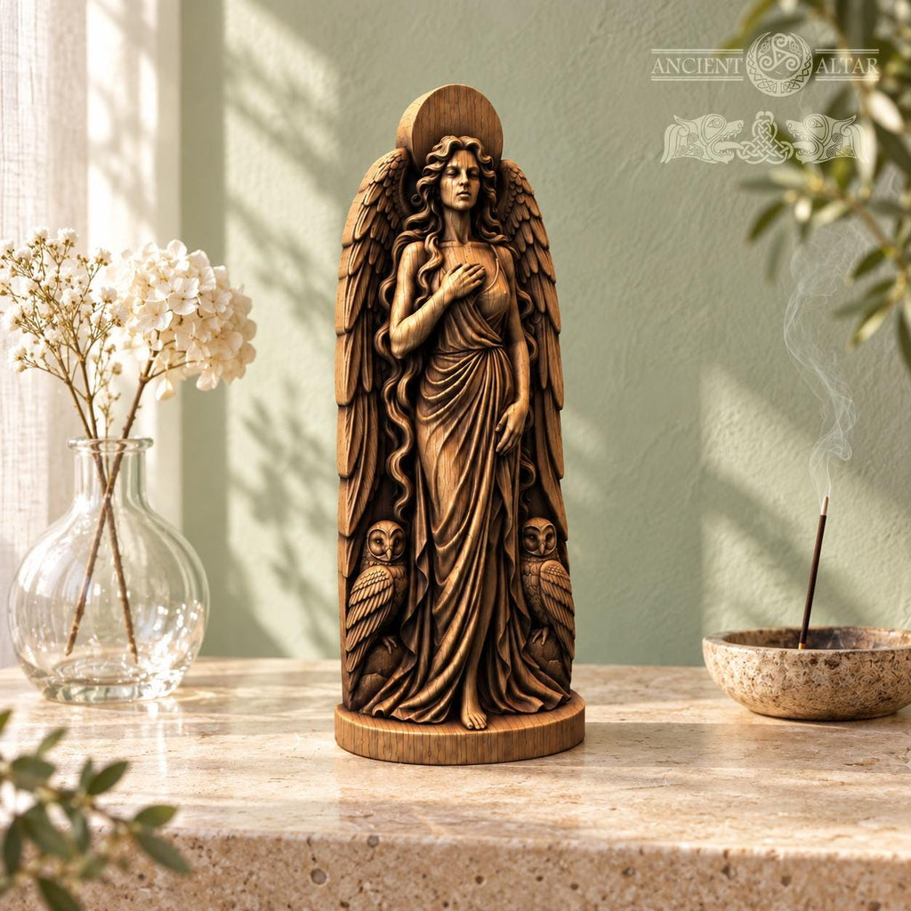 Lilith Owl Statue, Wooden Dark Goddess Figurine, Winged Goddess Altar Decor, Moon and Owl Sculpture, Occult Pagan Gift