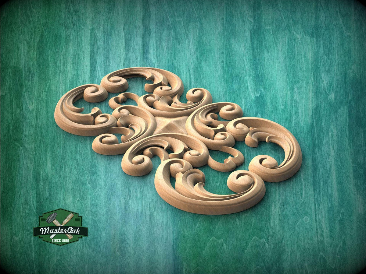 A decorative wooden carving with swirling patterns is displayed against a teal background.