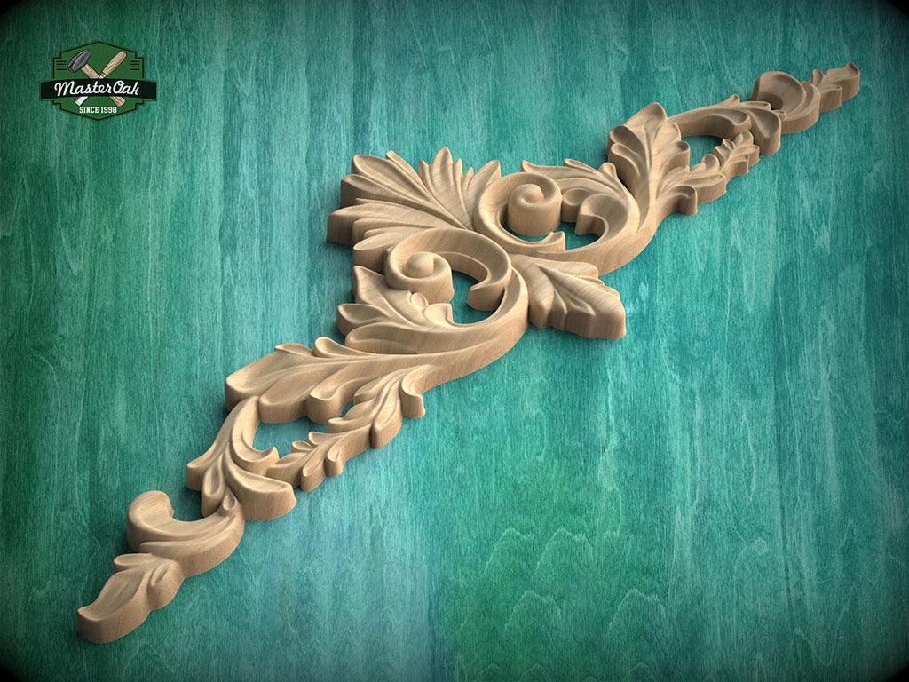 a beautifully carved wooden piece with intricate floral designs, displayed against a green background.