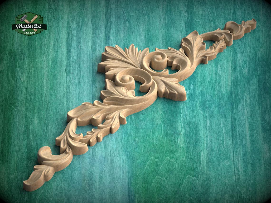 a beautifully carved wooden piece with intricate floral designs, displayed against a green background.