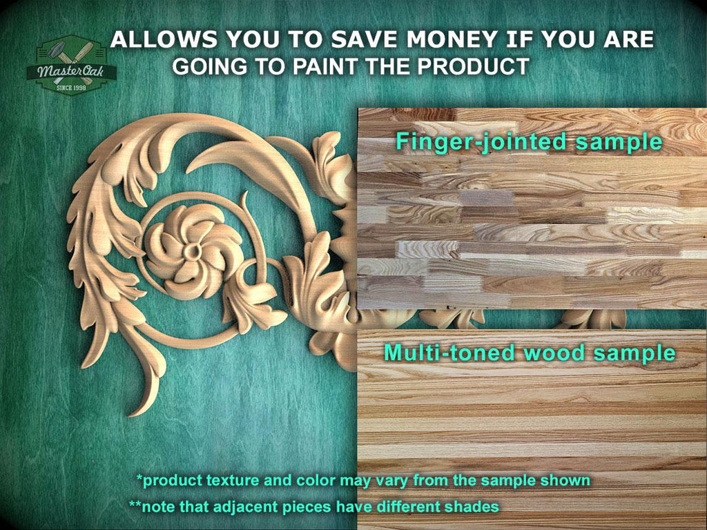 The image is a promotional advertisement for Master Oak, a company that specializes in painting wooden products. It features a close-up of a wooden carving and a sample of multi-toned wood, along with text providing information about the products.
