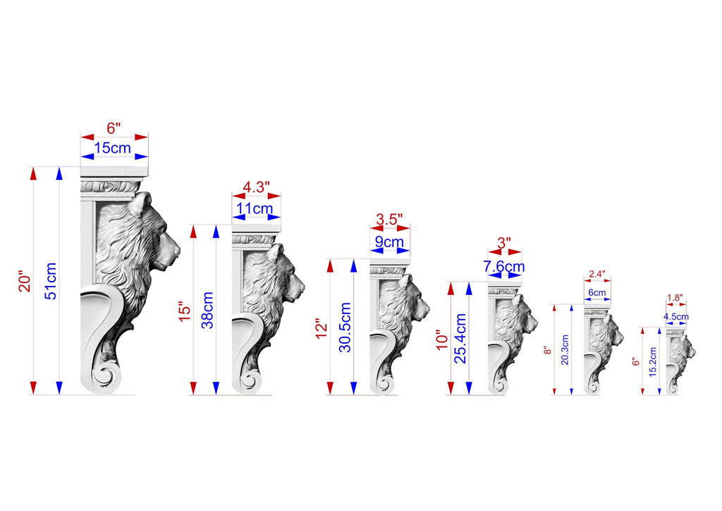A series of stone lion sculptures, each with a different size indicated by the corresponding measurement lines.
