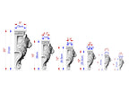 A series of stone lion sculptures, each with a different size indicated by the corresponding measurement lines.