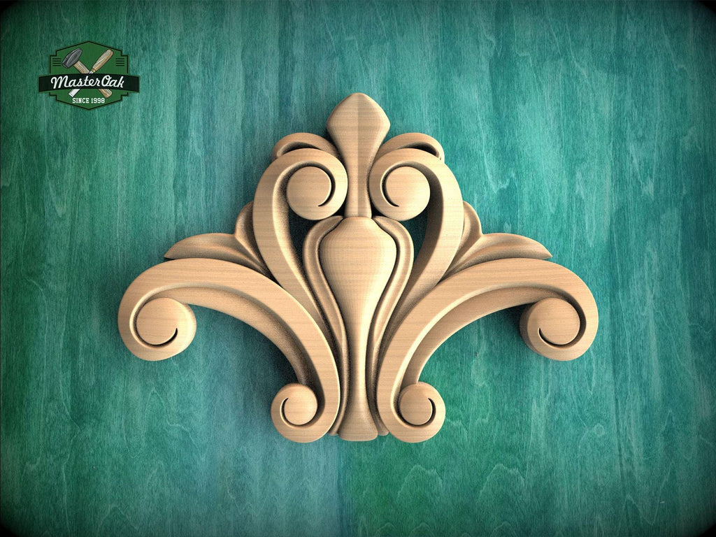 A decorative wooden carving in the shape of a stylized flower or plant is displayed against a green background.