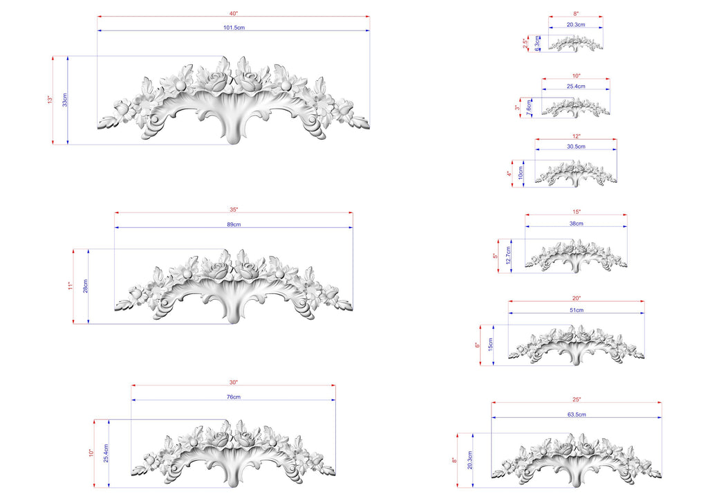 a series of images depicting various sizes of ornate, decorative objects, such as a floral design or a sculpture. The images are arranged in a grid format, with each image showing a different size variation of the same object. The objects are shown in different stages of completion, ranging from a small-scale representation to a larger, more detailed version. The image does not contain any text or additional information beyond the size measurements provided.