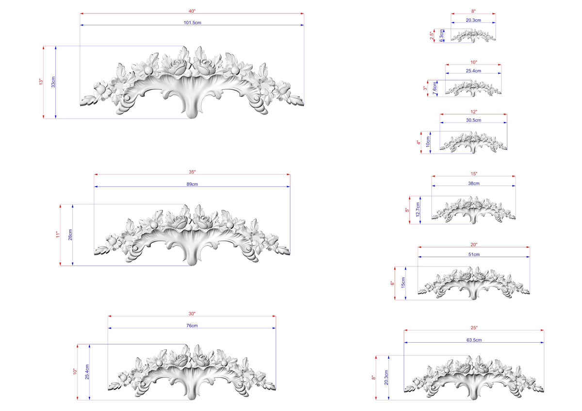 a series of images depicting various sizes of ornate, decorative objects, such as a floral design or a sculpture. The images are arranged in a grid format, with each image showing a different size variation of the same object. The objects are shown in different stages of completion, ranging from a small-scale representation to a larger, more detailed version. The image does not contain any text or additional information beyond the size measurements provided.