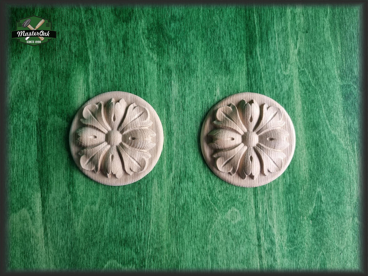 Pair of Carved Vintage Flower Round Wooden Rosette Onlay, Home Wall Embellishments, wood onlays, wood wall art decor