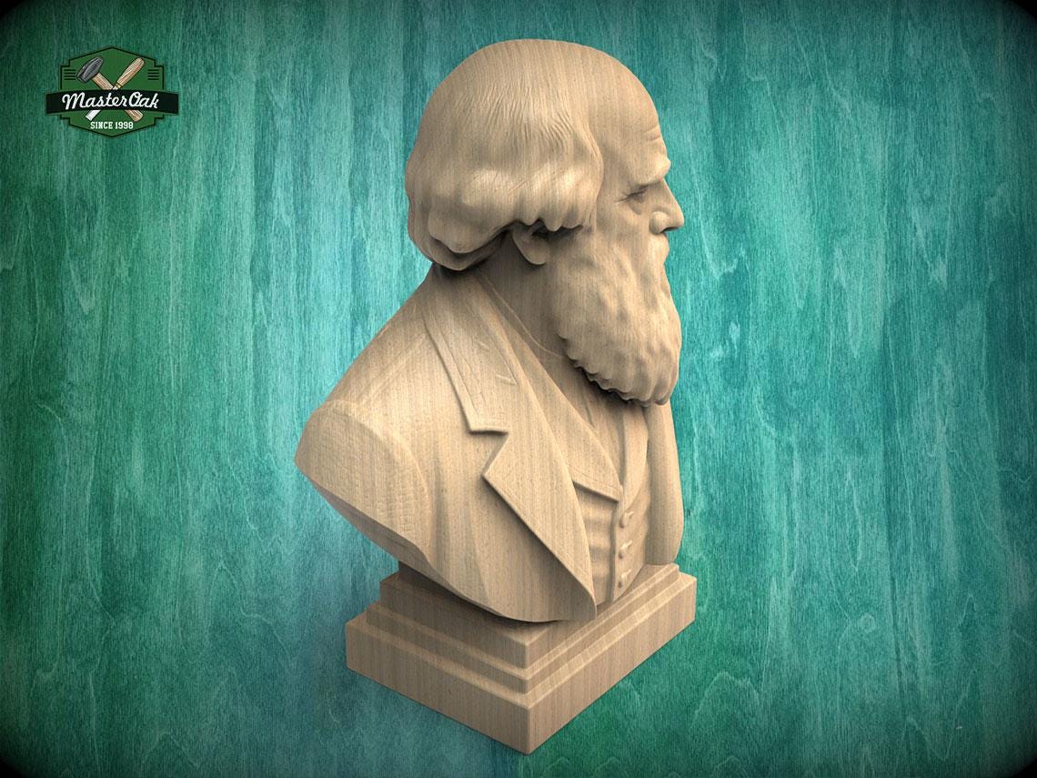 Charles Darwin Bust, Hand-Finished Wood Sculpture | Biology & Science Decor