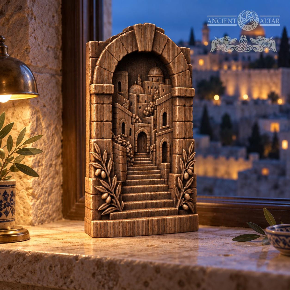 Jerusalem Old City Wood Relief, Solid Oak Architectural Sculpture with Stone Arch and Olive Branches, Judaica Housewarming Gift