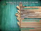 The image is a promotional advertisement for Master Oak Paint, showcasing a variety of wood samples. It features a green background with a decorative wooden element, and the text highlights the benefits of painting the product, such as saving money and the ability to customize the product's texture and color. The image also includes a sample of a finger-jointed wood sample and a multi-toned wood sample, demonstrating the different options available for potential customers.