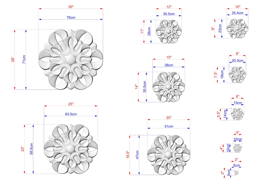 a collection of various sizes of flower-like designs, each with its own set of dimensions and measurements. The images are arranged in a grid format, providing a visual representation of the different sizes and shapes of the floral designs.
