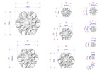 a collection of various sizes of flower-like designs, each with its own set of dimensions and measurements. The images are arranged in a grid format, providing a visual representation of the different sizes and shapes of the floral designs.