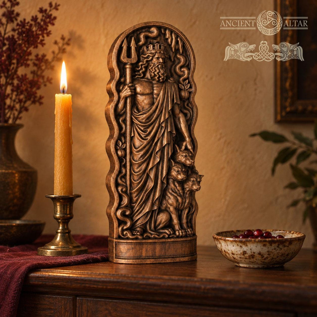 Hades Wooden Statue with Cerberus, Greek God of the Underworld Sculpture, Pagan Altar Decor, Dark Mythology Gift