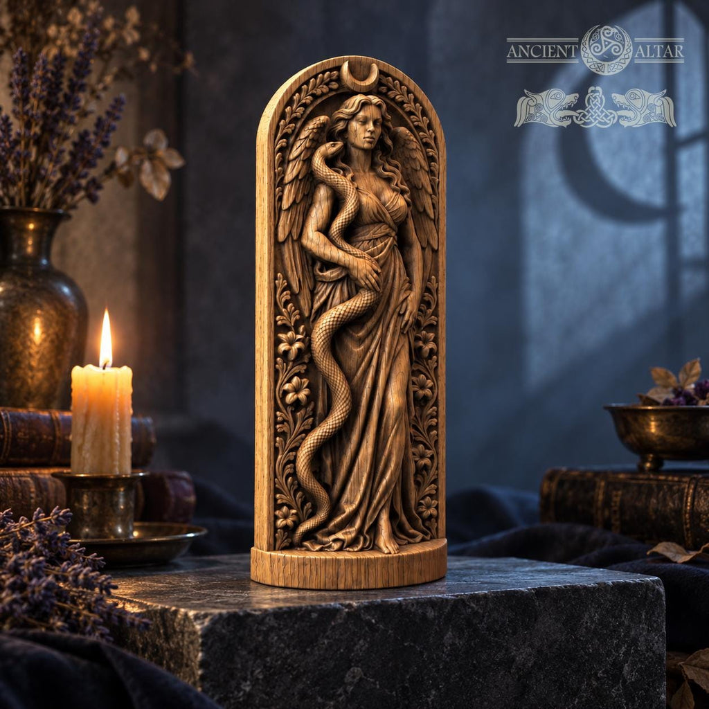 Lilith Statue, Wooden Dark Goddess Figurine, Serpent and Moon Altar Decor, Occult Sculpture, Divine Feminine Pagan Gift