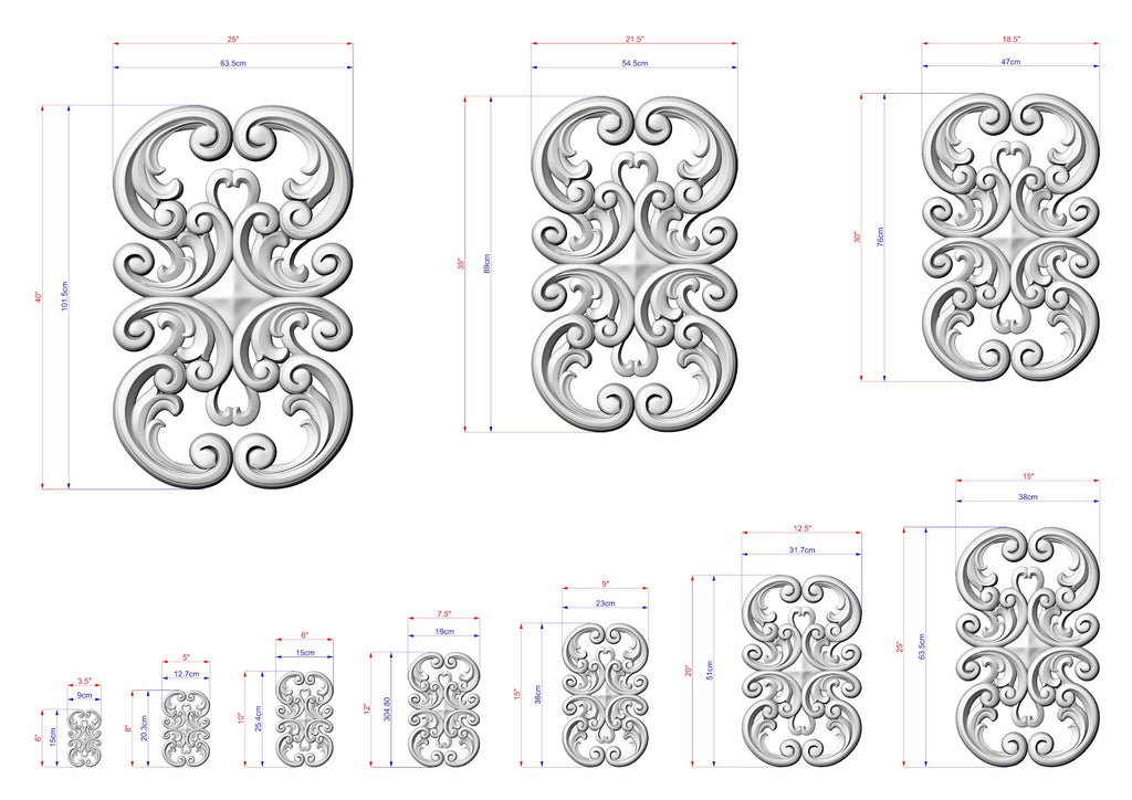 various ornate designs, including intricate scrollwork and floral patterns, along with their respective dimensions. The designs are presented in different sizes, ranging from small to large, and are arranged in a grid format. The image does not contain any text or additional elements that would require a more detailed description.