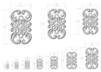 various ornate designs, including intricate scrollwork and floral patterns, along with their respective dimensions. The designs are presented in different sizes, ranging from small to large, and are arranged in a grid format. The image does not contain any text or additional elements that would require a more detailed description.