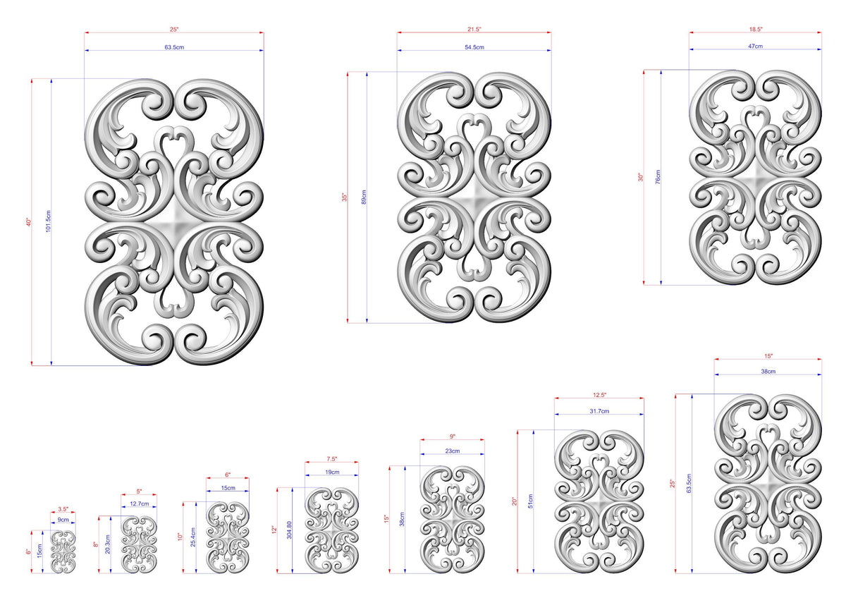 various ornate designs, including intricate scrollwork and floral patterns, along with their respective dimensions. The designs are presented in different sizes, ranging from small to large, and are arranged in a grid format. The image does not contain any text or additional elements that would require a more detailed description.