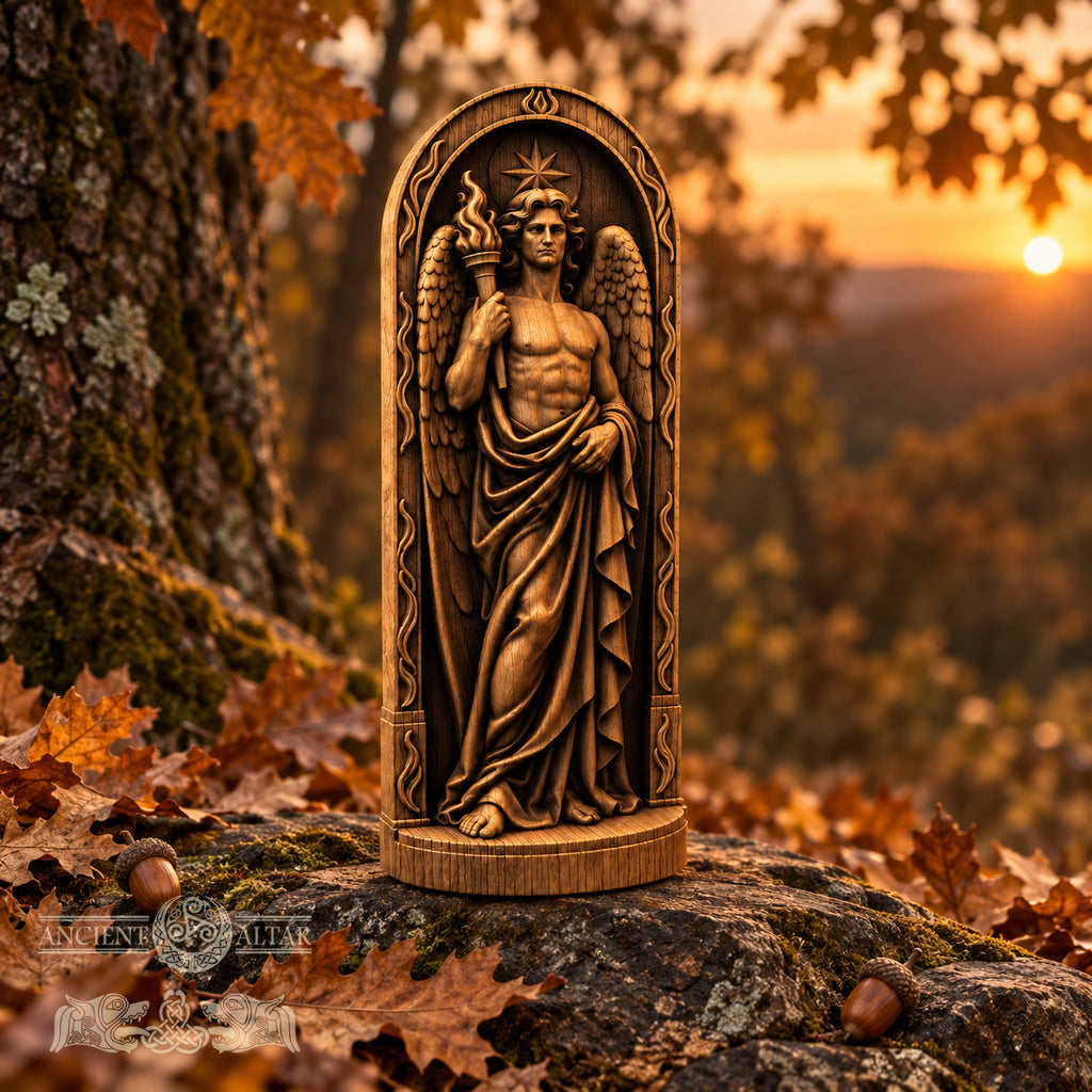 A carved wooden statue of an angel holding a torch stands on a rock in a forest setting, with autumn leaves and a sunset in the background.