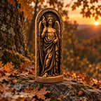 A carved wooden statue of an angel holding a torch stands on a rock in a forest setting, with autumn leaves and a sunset in the background.