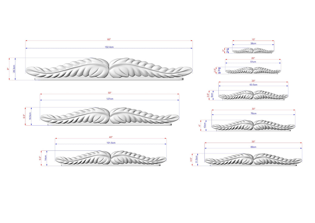 various sizes of wing-like sculptures, each with different dimensions and measurements. The sculptures are depicted in a 3D rendering, showcasing the intricate details and craftsmanship.