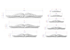 various sizes of wing-like sculptures, each with different dimensions and measurements. The sculptures are depicted in a 3D rendering, showcasing the intricate details and craftsmanship.