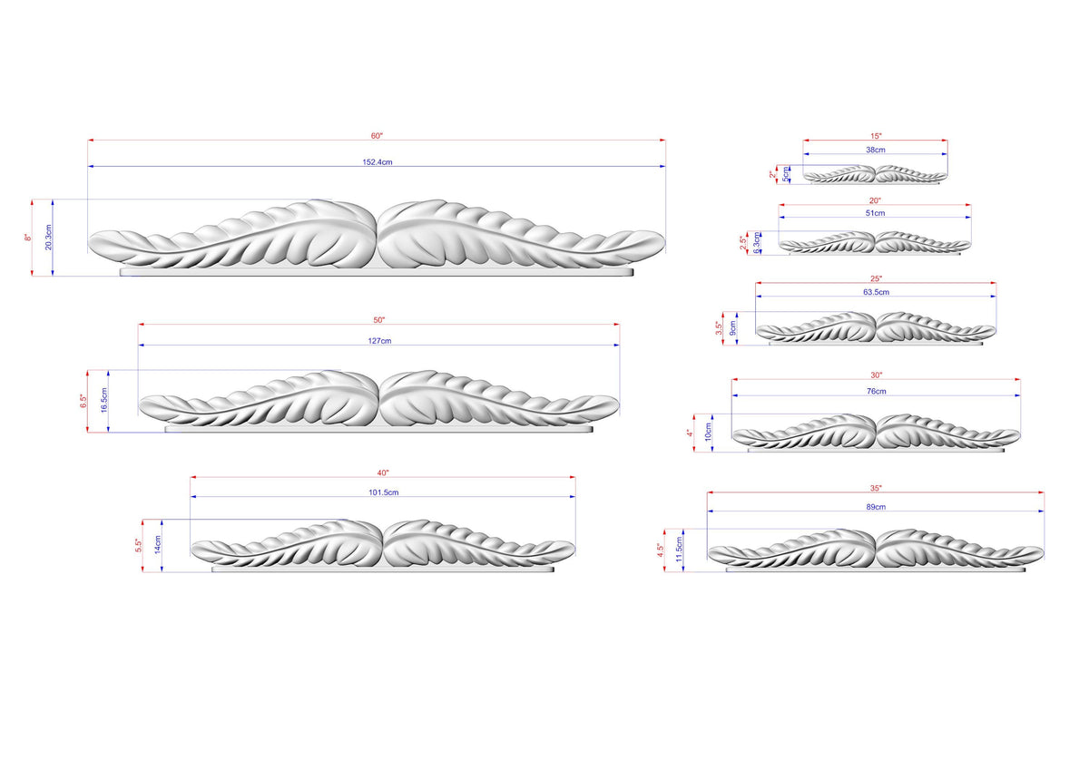 various sizes of wing-like sculptures, each with different dimensions and measurements. The sculptures are depicted in a 3D rendering, showcasing the intricate details and craftsmanship.