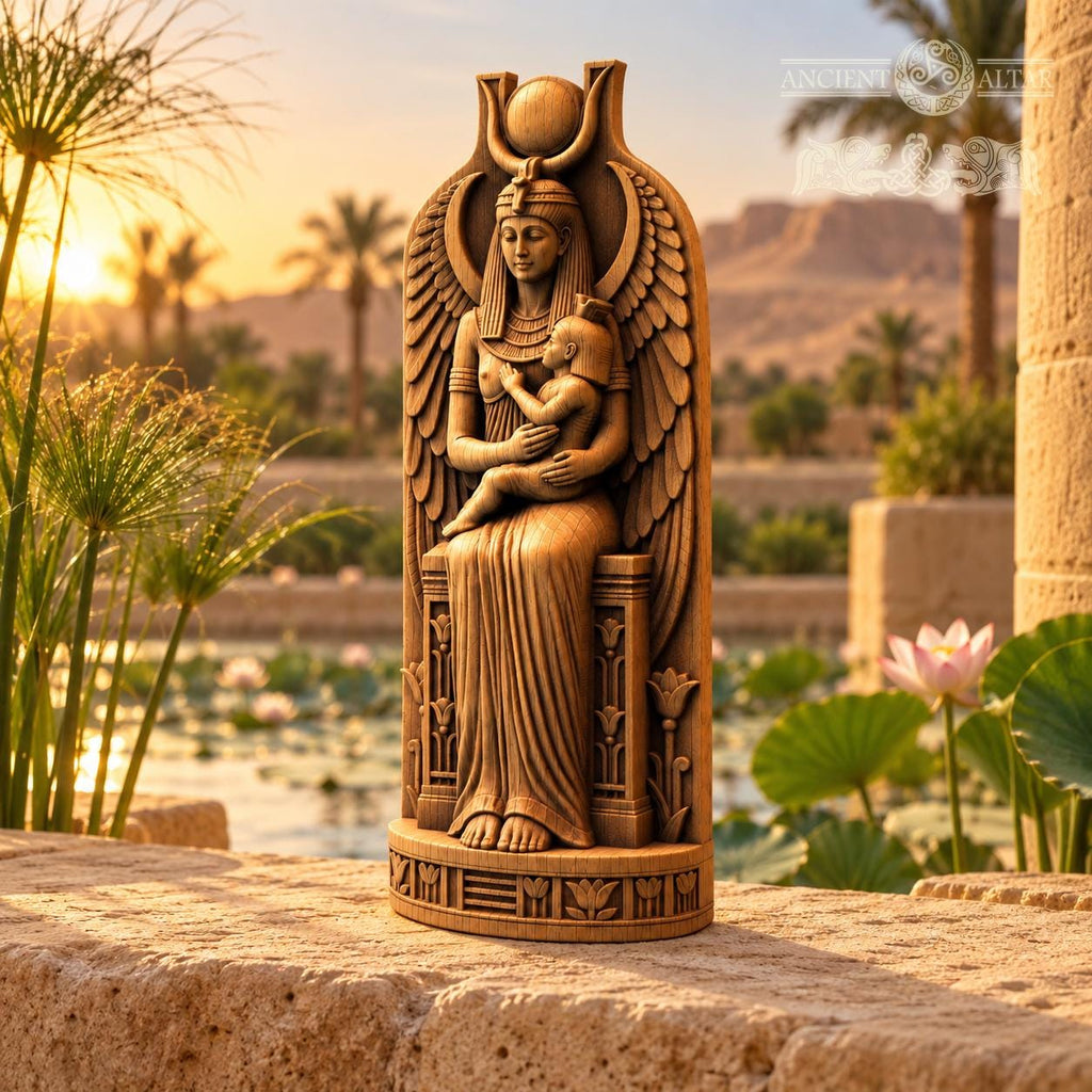 Isis and Horus Figurine, Egyptian Mother and Child Statue, Oak Wood Altar Decor, Seated Goddess Sculpture, Kemetic Gift