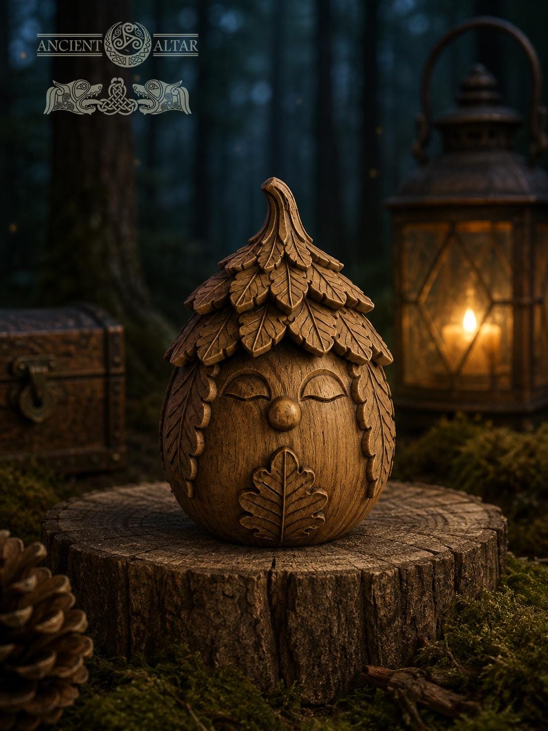 Oak Spirit Figurine, Carved Oak Forest Guardian, Wooden Oak Leaf Decor, Cottagecore Gift, Woodland Nature Statue