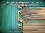 The image is a promotional advertisement for Master Oak Paint, showcasing two different types of wood samples. The text highlights that the samples allow customers to save money if they are going to paint the product, with a focus on the differences between the finger-joined and multi-toned wood samples. The text also mentions that the product texture and color may vary from the sample shown, and that adjacent pieces have different shades.