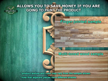 Load image into Gallery viewer, The image is a promotional advertisement for Master Oak Paint, showcasing two different types of wood samples. The text highlights that the samples allow customers to save money if they are going to paint the product, with a focus on the differences between the finger-joined and multi-toned wood samples. The text also mentions that the product texture and color may vary from the sample shown, and that adjacent pieces have different shades.
