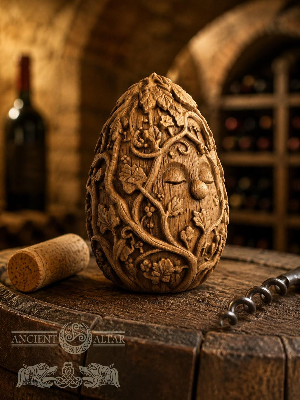 Wine Spirit Figurine, Carved Oak Vineyard Guardian, Wine Cellar Decor, Grape Vine Sculpture, Gift for Wine Lover, 2.76 Inch
