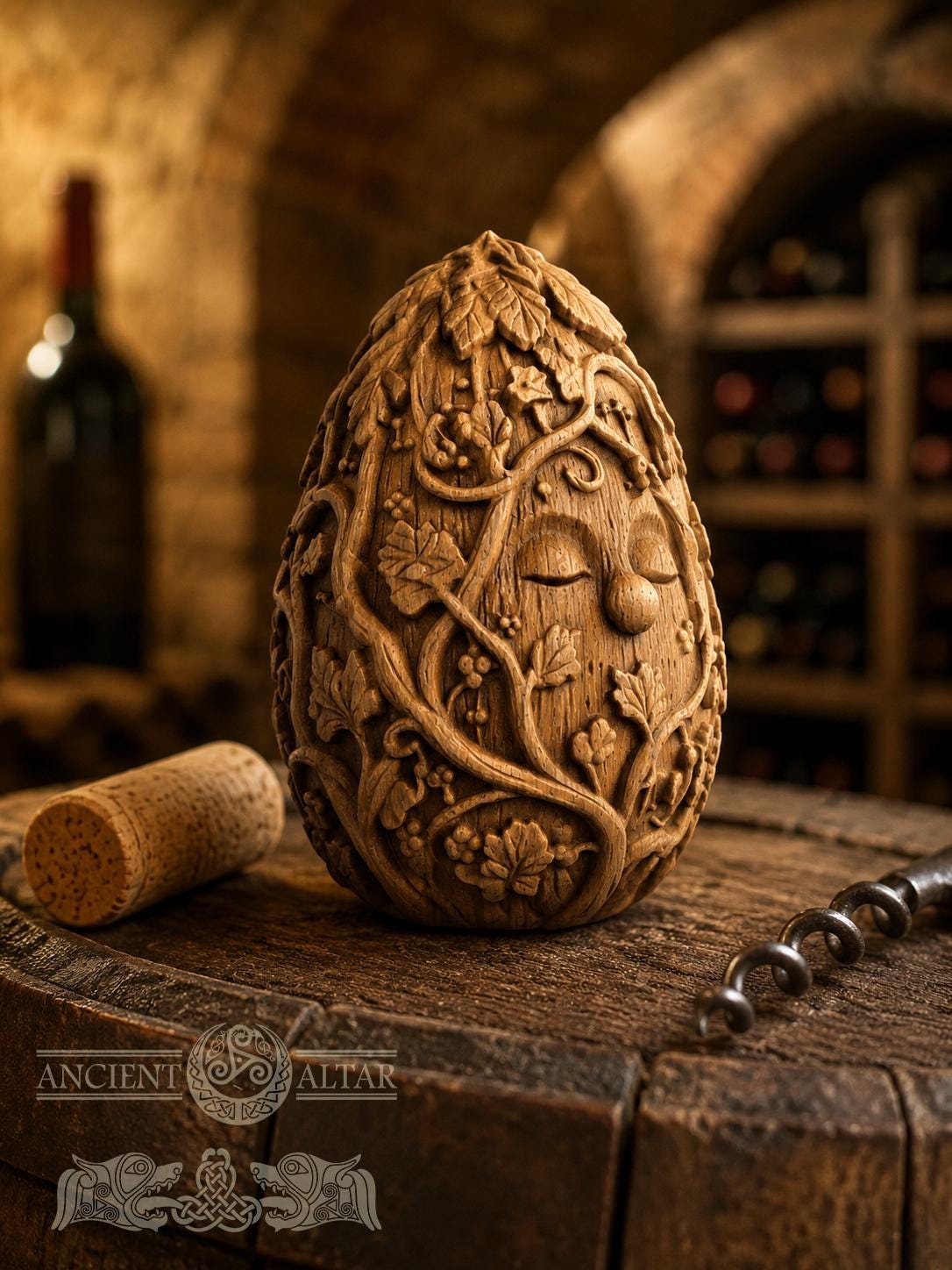 Wine Spirit Figurine, Carved Oak Vineyard Guardian, Wine Cellar Decor, Grape Vine Sculpture, Gift for Wine Lover, 2.76 Inch