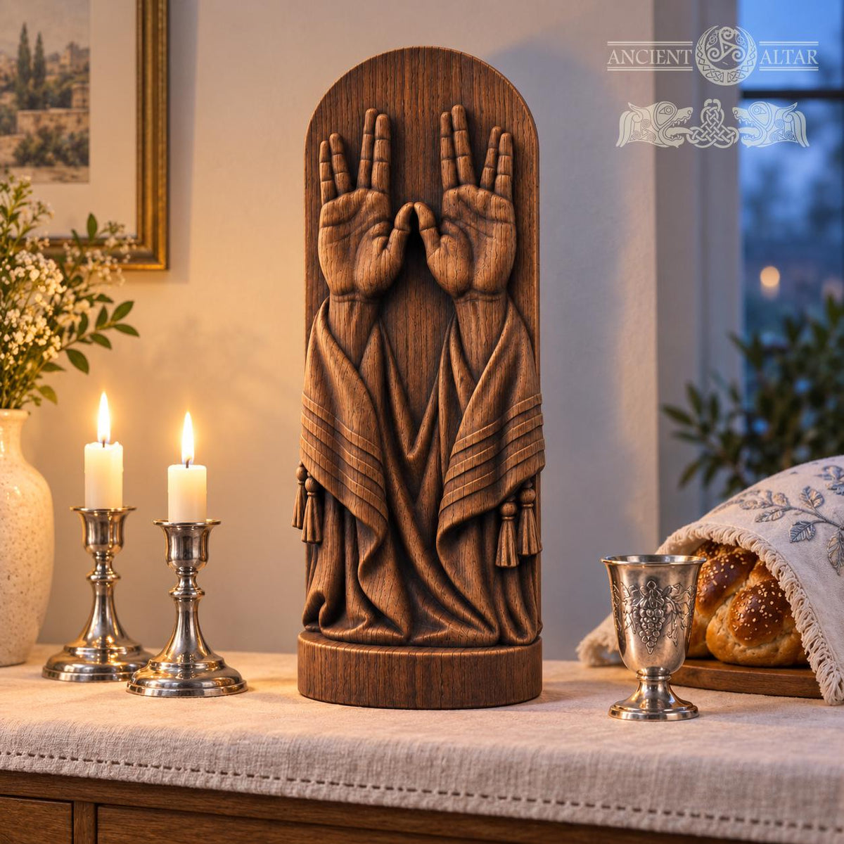 Priestly Blessing Hands Oak Sculpture, Birkat Kohanim Wooden Relief with Tallit, Judaica Home Decor, Jewish Wedding Gift