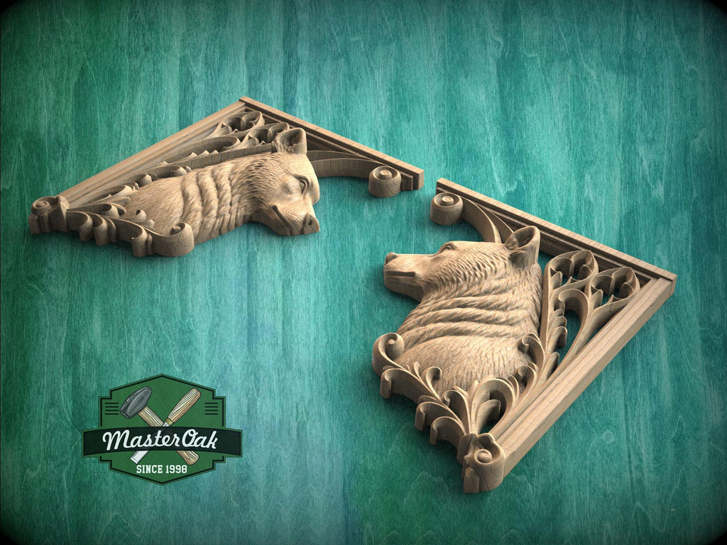 Carved Wood Bear Corner Onlays, Mirrored Pair with Gothic Scrollwork